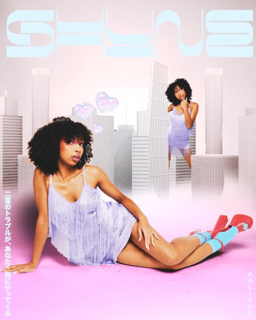 SHYNE cover — Aaliyah in a lavender fringe dress lounging in a miniature city set
